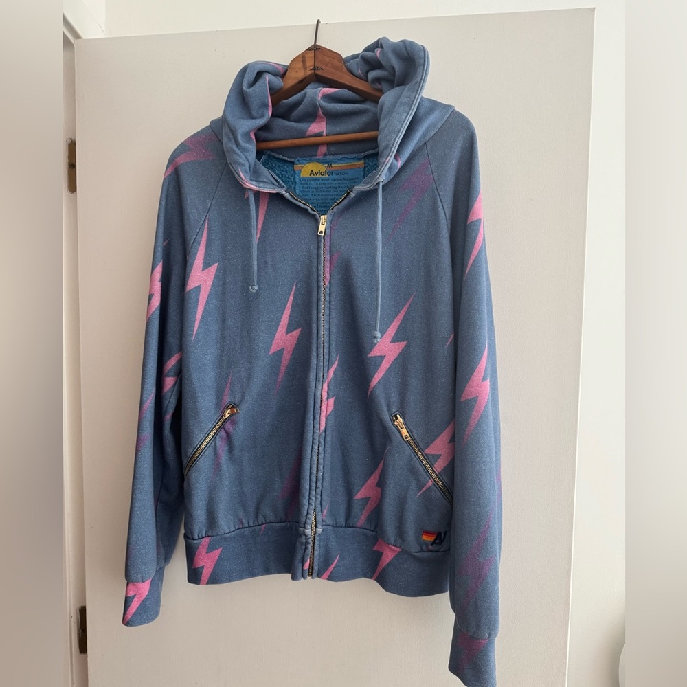 Aviator Nation Blue Hoodie with Pink Lightning Bolts